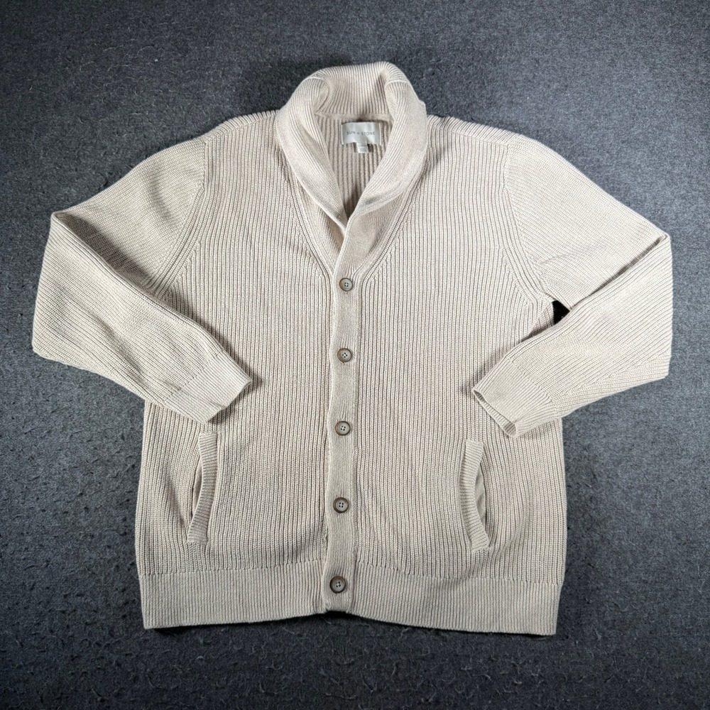 Sun + Stone Mens XL Beige Cotton Ribbed Shawl Collar Button Cardigan Sweater